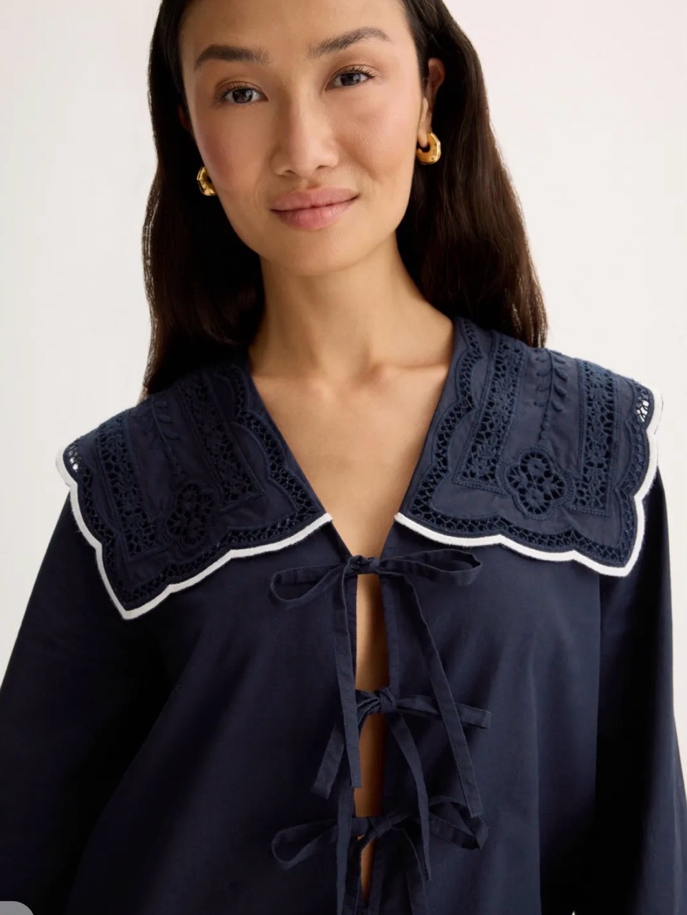 Sea New York Navy Embroidered Tie-Front Dress with Contrast Trim
